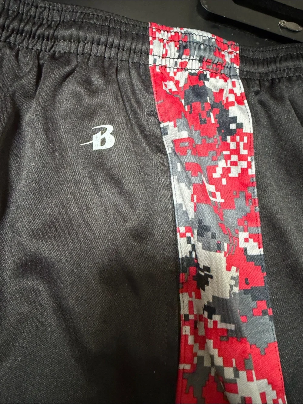 Elite Baseball Boys' Black Shorts with Red Digital Camo Side Panels